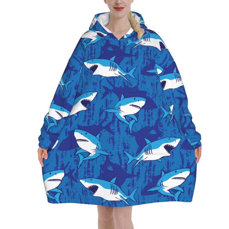 Sherpa Hoodie Fleece - Wearable Blanket Hoodie Cartoon Sharks Print
