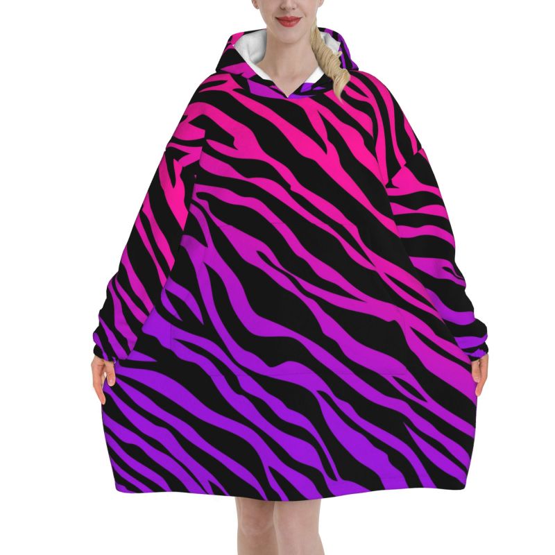 Sherpa Hoodie Fleece - Zebra Stripe Print Wearable Blanket Hoodie