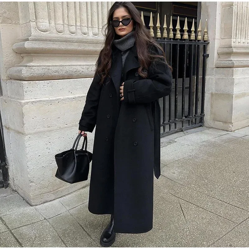 Elegant Grey Belt Long Faux Wo - Wool Coat Peacoat 评论和价格