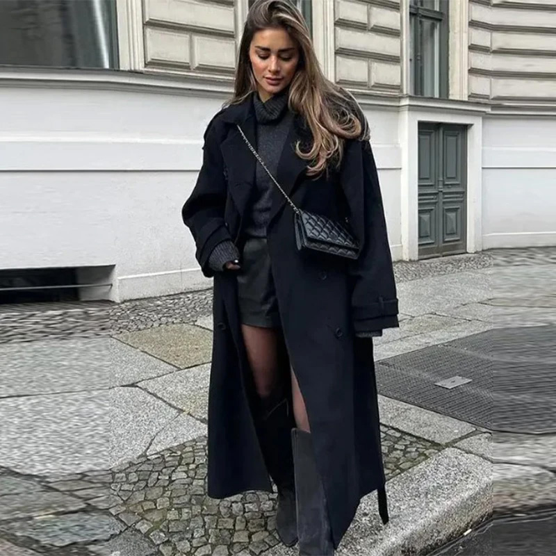 Elegant Grey Belt Long Faux Wo - Wool Coat Peacoat 评论和价格