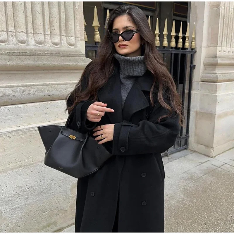 Elegant Grey Belt Long Faux Wo - Wool Coat Peacoat 评论和价格