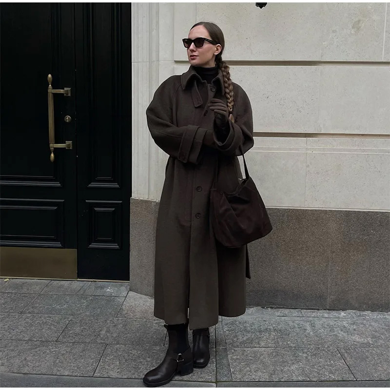 Elegant Grey Belt Long Faux Wo - Wool Coat Peacoat 评论和价格
