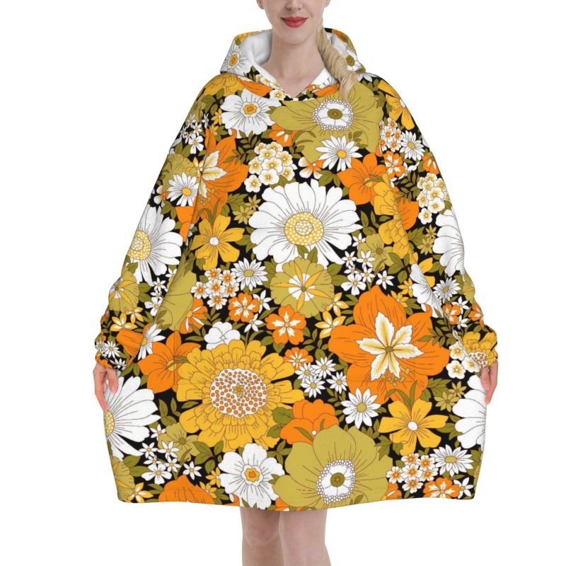 Hippie Flower Floral Retro Bla - Sherpa Hoodie Fleece 评论和价格