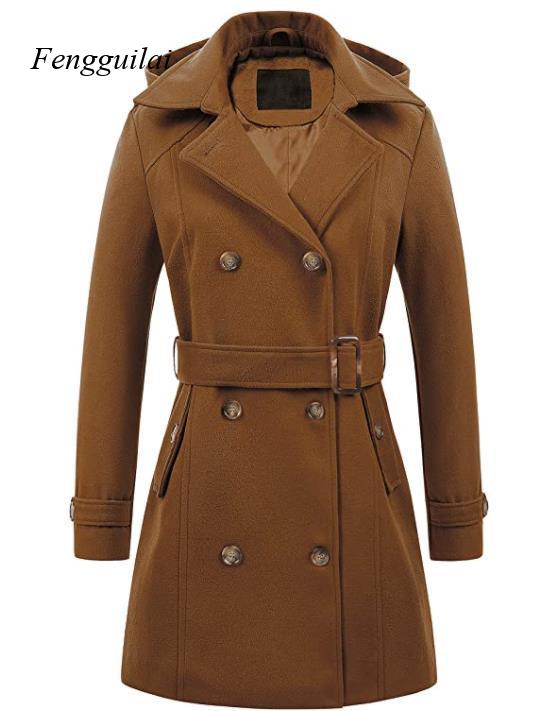 Women's Black Hooded Double Br - Wool Coat Peacoat 评论和价格