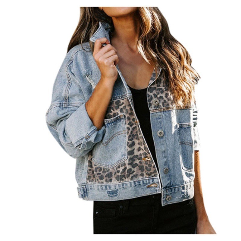 Leopard Stitching Denim Jacket - Down Jacket Packable 评论和价格